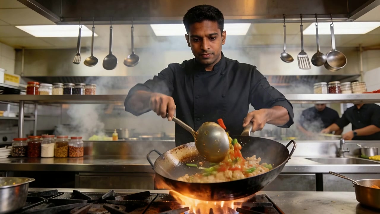 Chef indiano in giacca nera che salta le verdure su fiamma viva ai fornelli della cucina, con un wok.