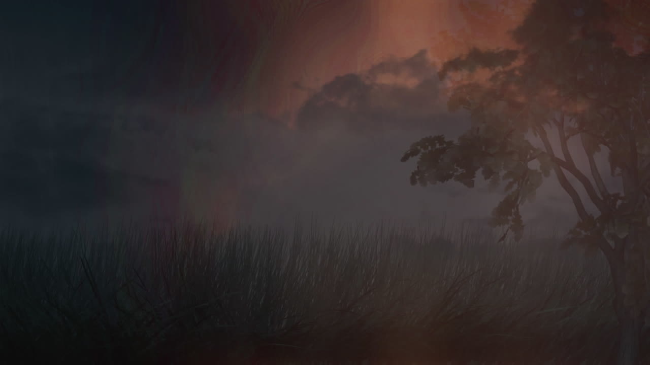árboles y hierbas con nubes oscuras y relámpagos