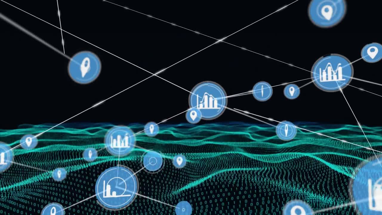 Animation of network of digital icons over green digital wave and hexagonal shapes