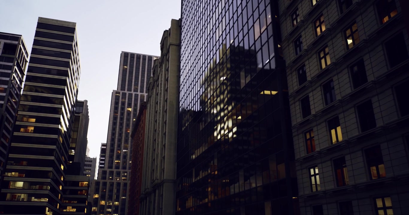 Entorno urbano tranquilo con superficies reflectantes y estructuras imponentes