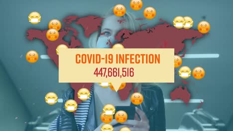 Animation-of-covid-19-data-processing-over-woman-and-multiple-sick-emojis-with-face-masks