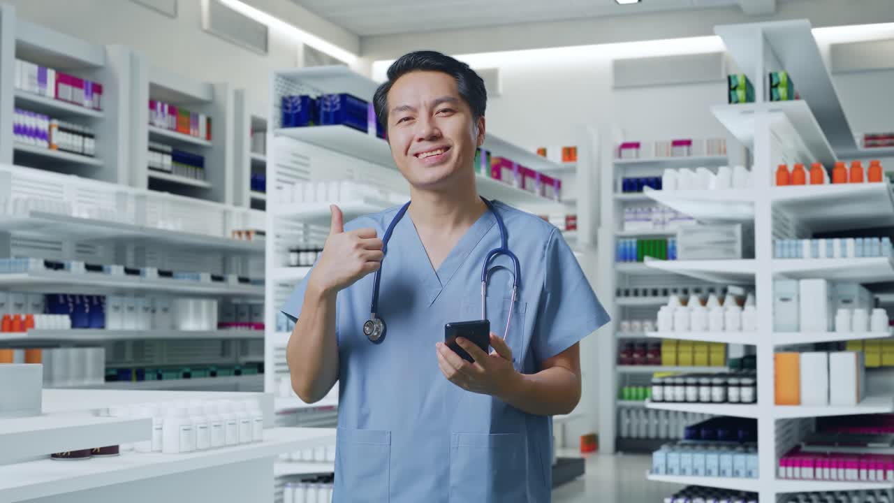 스마트폰을 사용하고 엄지손가락을 올리는 제스처를 사용하는 스테토스코프를 가진 아시아 남성 의사