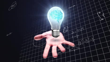 animation of light bulb with brain over woman's hand and mathematical data processing