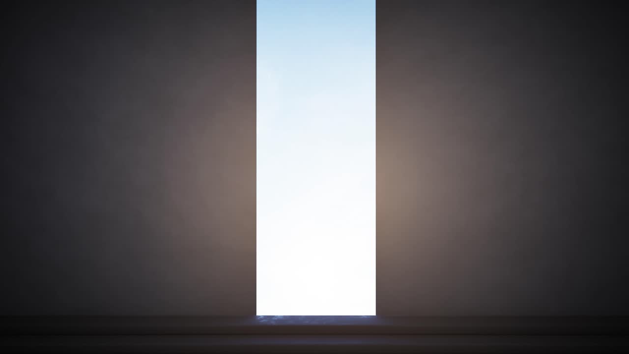 Narrow Opening in Dark Wall Expands to Reveal Bright Blue Sky