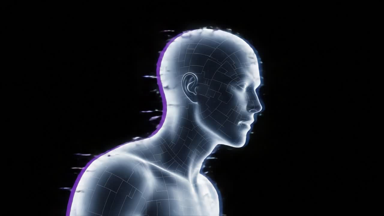 A captivating exploration of a futuristic digital humanoid form, showcasing the transformation from static to dynamic in a mesmerizing display of ethereal light and intricate design