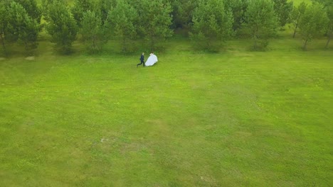 el novio sigue a la novia corriendo en vestido largo en la antena del campo