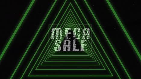 Animation-of-mega-sale-text-over-green-geometrical-shapes-on-black-background