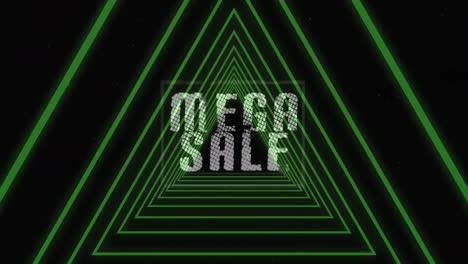 animation of mega sale text over green geometrical shapes on black background