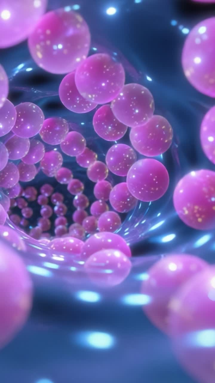 Un affascinante viaggio visivo attraverso una spirale di perle rosa, che mostra l'interazione di luce e profondità in un ambiente surreale e onirico.