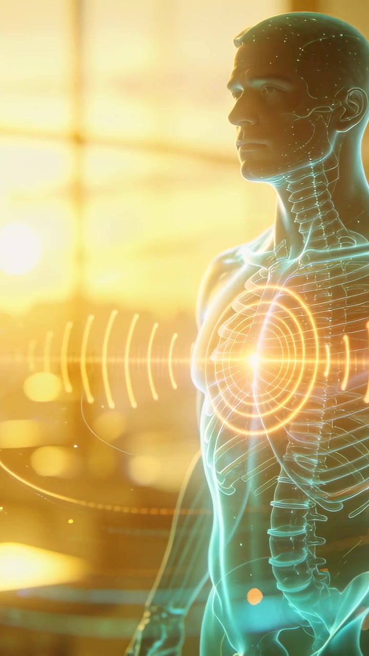 Vertical video: Pulsating torso showing chest rings and spine by window as camera pans, copy space