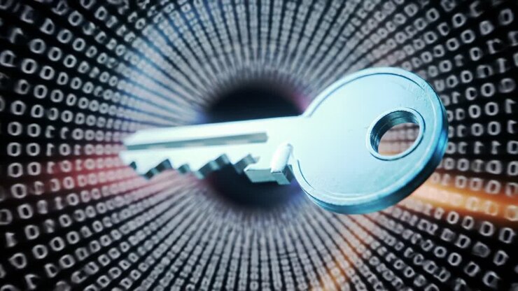 Esplorando il concetto di sicurezza digitale attraverso il simbolismo di una chiave su uno sfondo di flusso di dati, che rappresenta accesso e protezione nel mondo cibernetico.