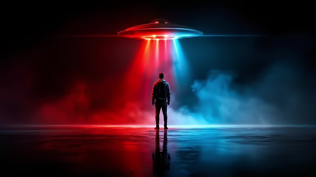 A man standing in front of a ufo flying saucer in the dark