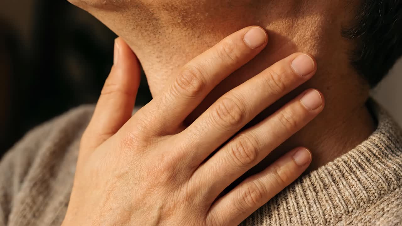 Close-up of Man's Hand Touching His Neck