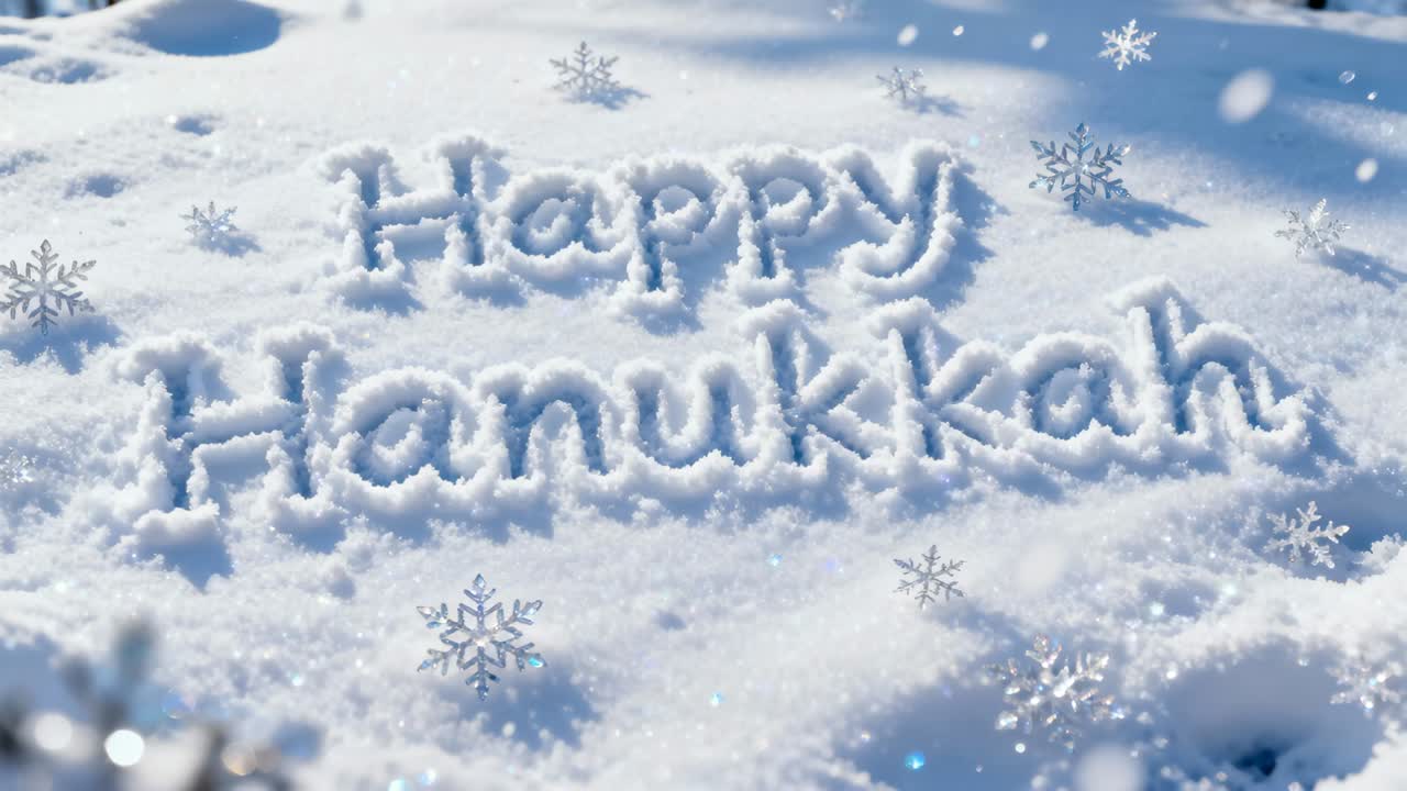 Zooming camera highlighting carved Happy Hanukkah text on snowfield, drifting flakes sparkling