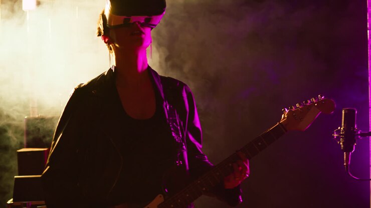 Musicista che suona la chitarra con visore VR sul palco