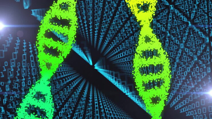 Animation of dna strands over data processing on black background