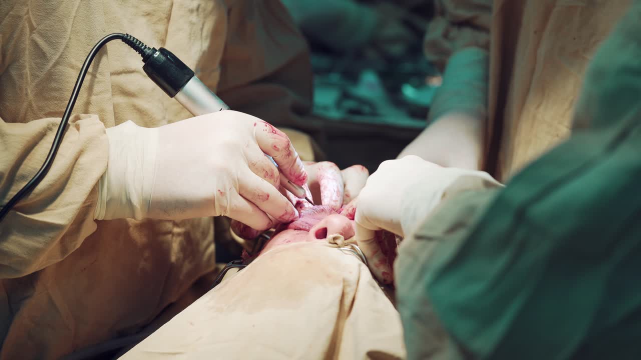 In surgery. Gloves of surgeons are bloodied during the operation of the patient on the face. Close-up