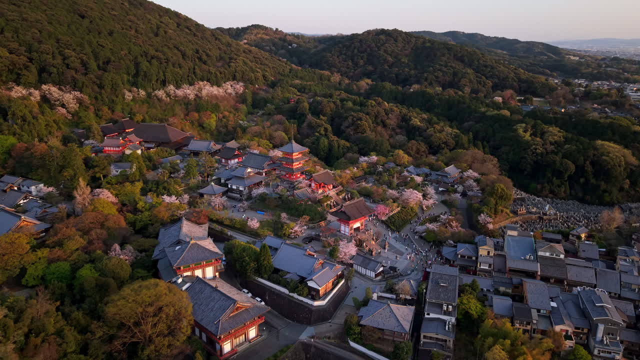 Aerial drone view of the Kiyomizu-dera temple at sunset