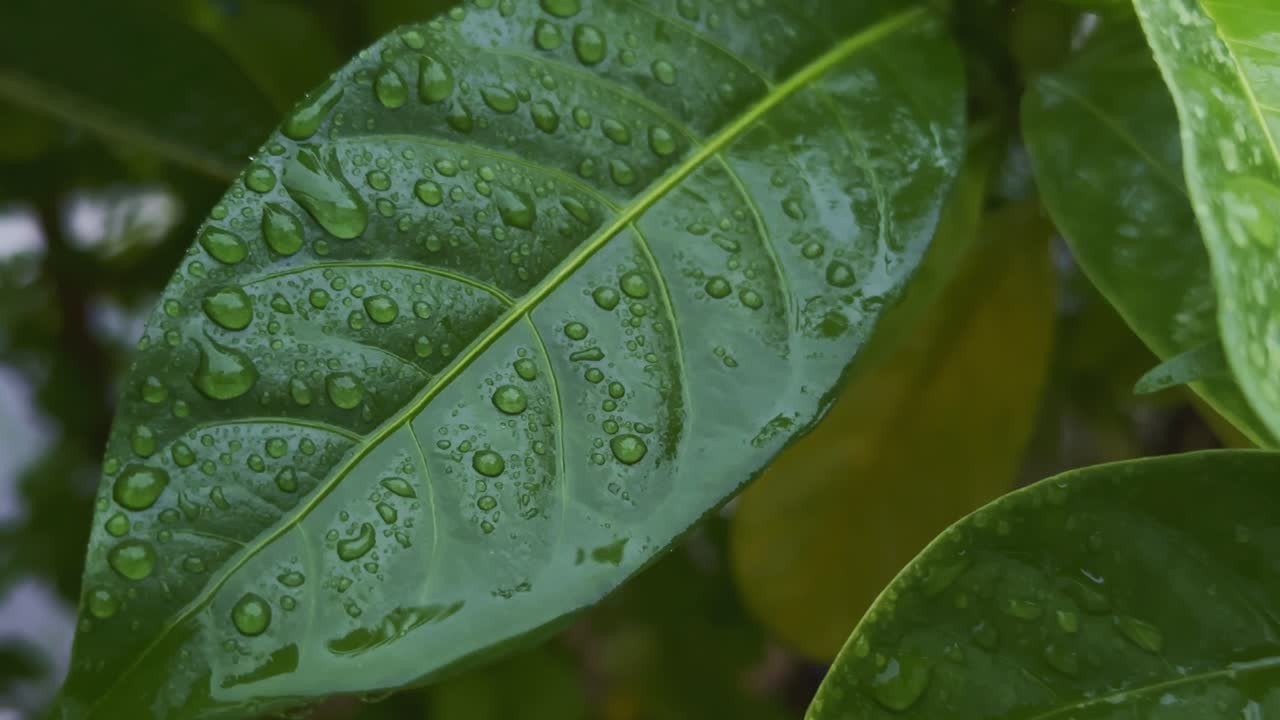 Closeup of vibrant green leaf of a Gardenia plant adorned with numerous glistening water droplets evoking a sense of natural beauty and recent rain or morning dew