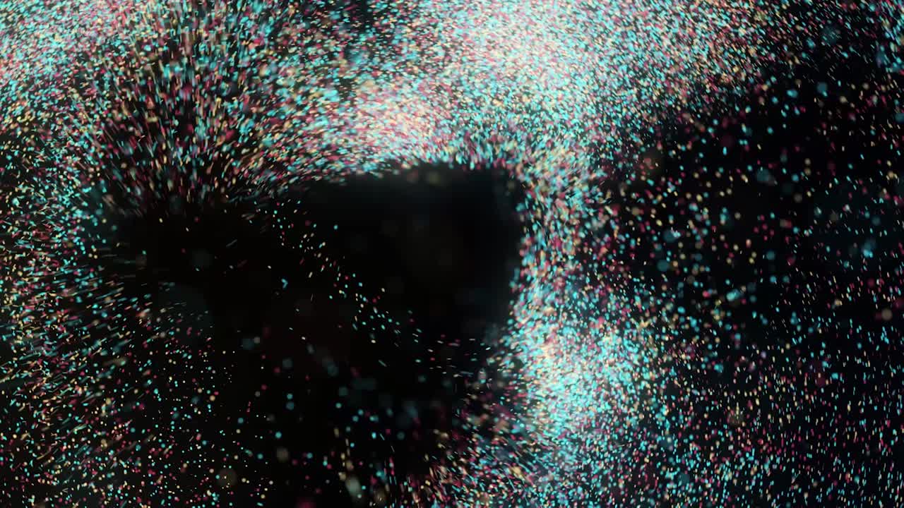 Vortex of multi-colored particles. Animation. Swirl of many colored particles move as if in mixer. Colorful dust motes fly like in mixer on black background