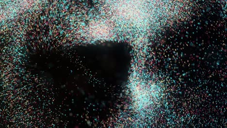 vortex of multi-colored particles. animation. swirl of many colored particles move as if in mixer. colorful dust motes fly like in mixer on black background