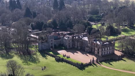 knebworth house, grand estate with lush grounds, aerial view, historical architecture