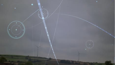Animation-Eines-Netzwerks-Von-Verbindungen-Und-Lichtfleck-über-Einer-Sich-Drehenden-Windmühle-Vor-Blauem-Himmel