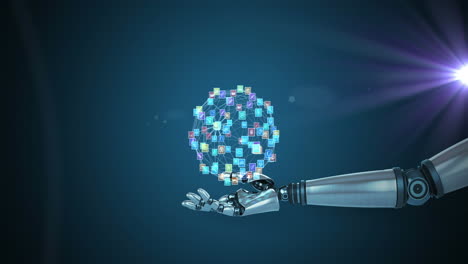 animación de una red de iconos de medios sobre la mano del brazo del robot, con luz rosa sobre fondo oscuro