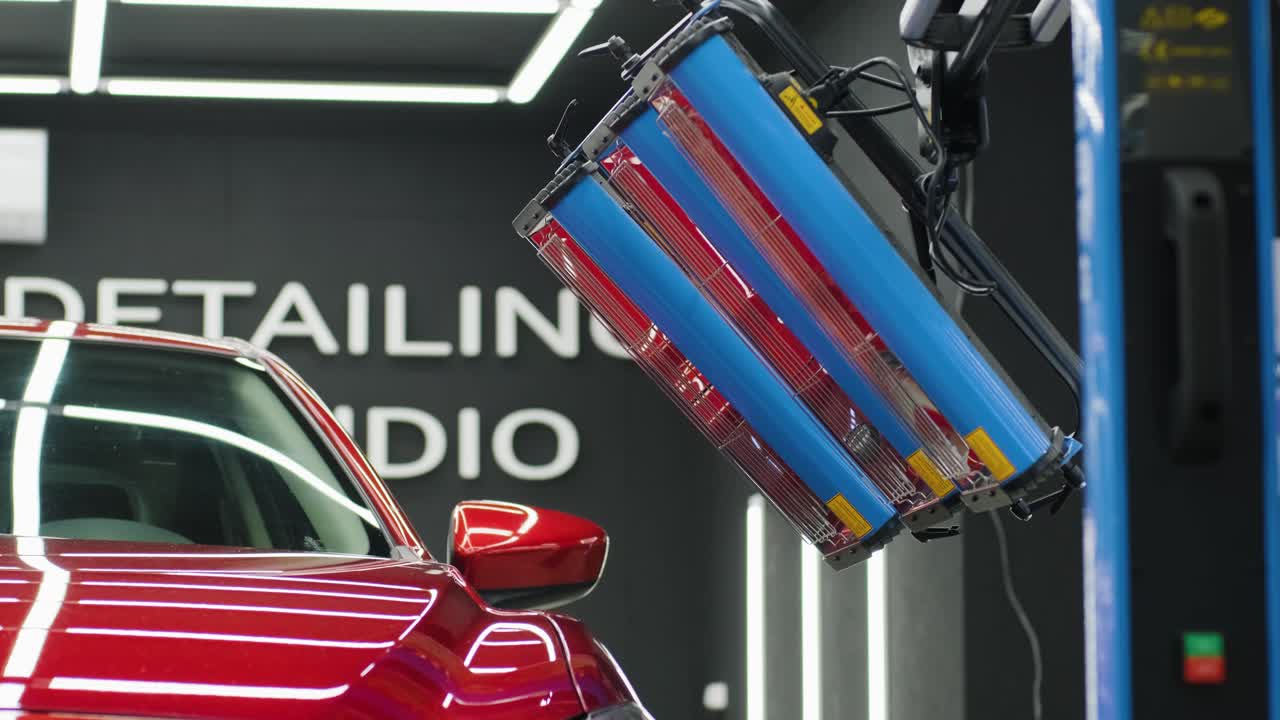 las lámparas rojas para el secado del revestimiento cerámico están detrás del coche