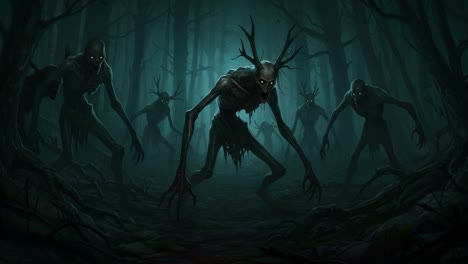 a haunting scene in a dark, eerily lit forest reveals sinister, skeletal figures emerging from the shadows, featuring sharp antlers and glowing eyes that pierce the gloom