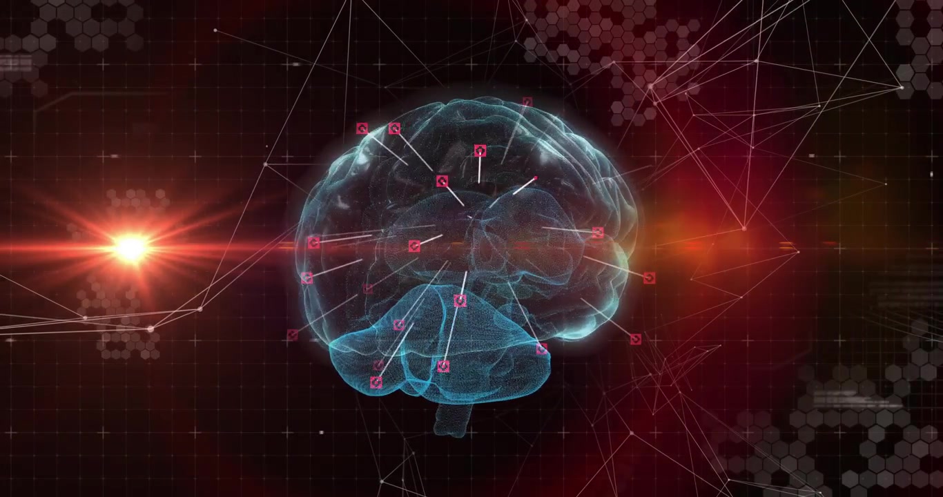 Holograma de cerebro 3D azul girando mientras un haz naranja ascendente pulsa resaltando datos neuronales para análisis