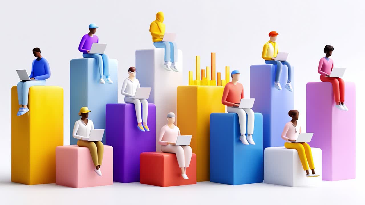 A Vibrant Group of Diverse Individuals Engaged in Remote Work on Laptops, Surrounded by Colorful Stacked Cubes Representing Modern Collaboration and Productivity