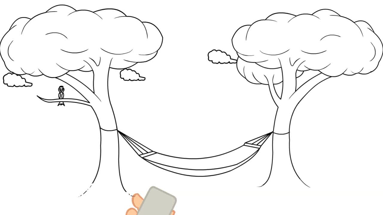 Animated drawing of Green Energy on a glass board with trees and a hammock.