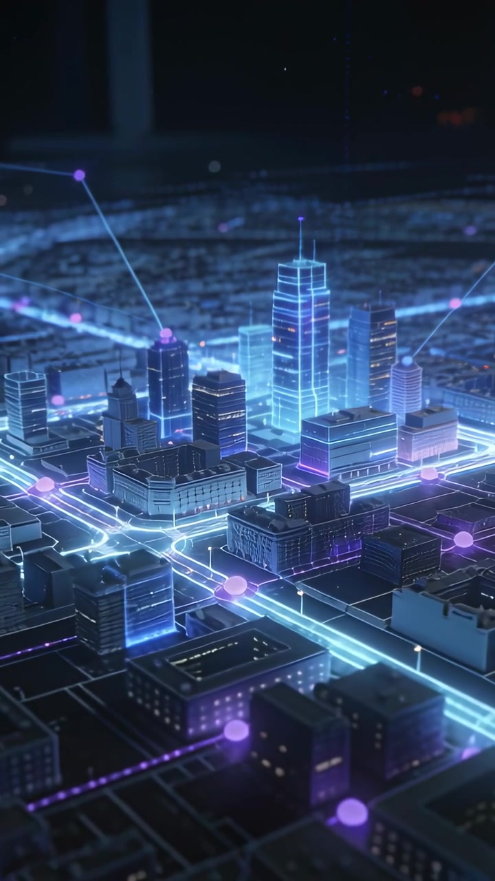 Video verticale: Modello olografico di città animato che pulsa su display, con un fascio diagonale che dirige il flusso di dati.