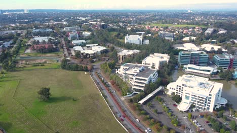 aerial drone view of norwest business park in the suburbs of norwest and bella vista in the hills shire, north west sydney