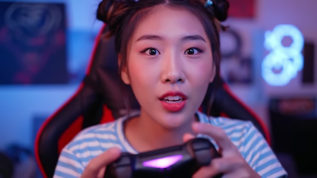 Momenti di gioco emozionanti: L'entusiasmo e il coinvolgimento di una giovane giocatrice traspaiono mentre si gode un'esperienza di videogioco ricca di azione in un'ambientazione colorata.