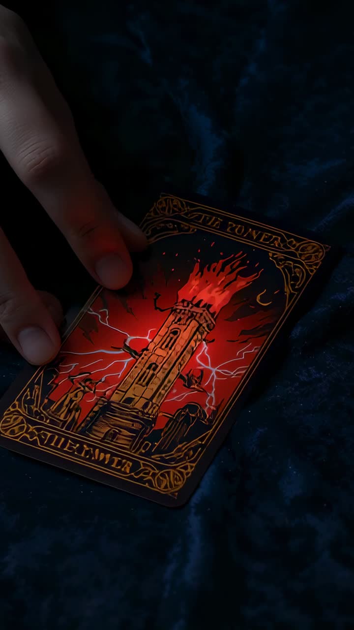 Video vertikal: Jari tangan kiri memasuki kartu tarot Tower yang didorong pada kain beludru, menyelaraskan seni
