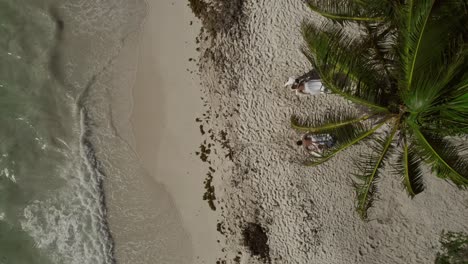 Entspannen-Sie-Sich-Am-Strand-Der-Riviera-Maya-In-Mexiko.-Drohnenaufnahmen-Zeigen-Zwei-Menschen,-Die-Unter-Einer-Sich-Wiegenden-Kokosnusspalme-Eine-Massage-Genießen,-Während-Die-Wellen-Sanft-Ans-Ufer-Plätschern.