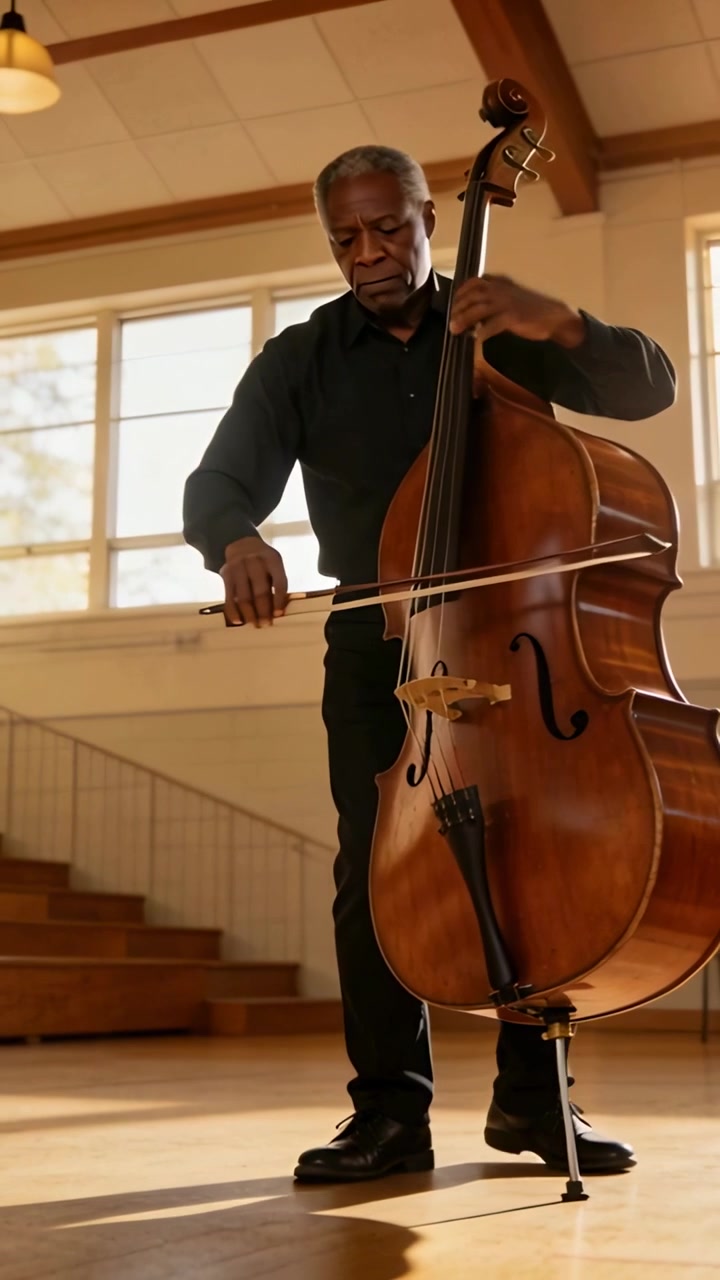 Vertical video: Placing bow, senior bassist in black bowing bass, fingering notes in sunlit hall