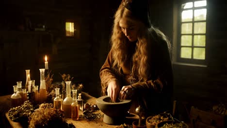 medieval herbalist preparing a potion