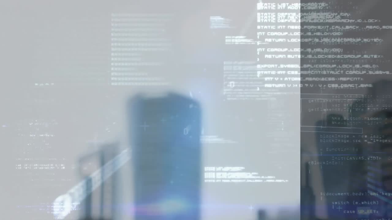 Animation of numbers changing and data processing over cityscape