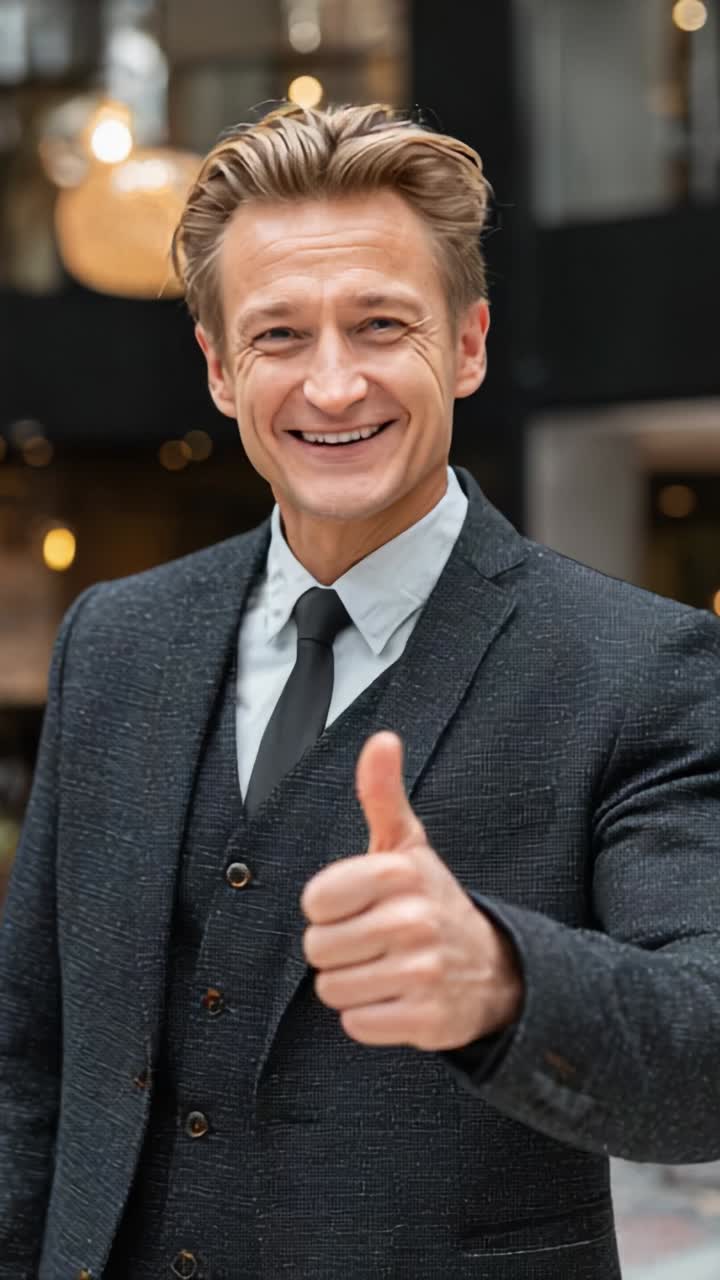 Confident Professional Man in Smart Attire Giving Thumbs Up Gesture While Smiling in Modern Interior Setting, Exuding Positive Energy and Approachability