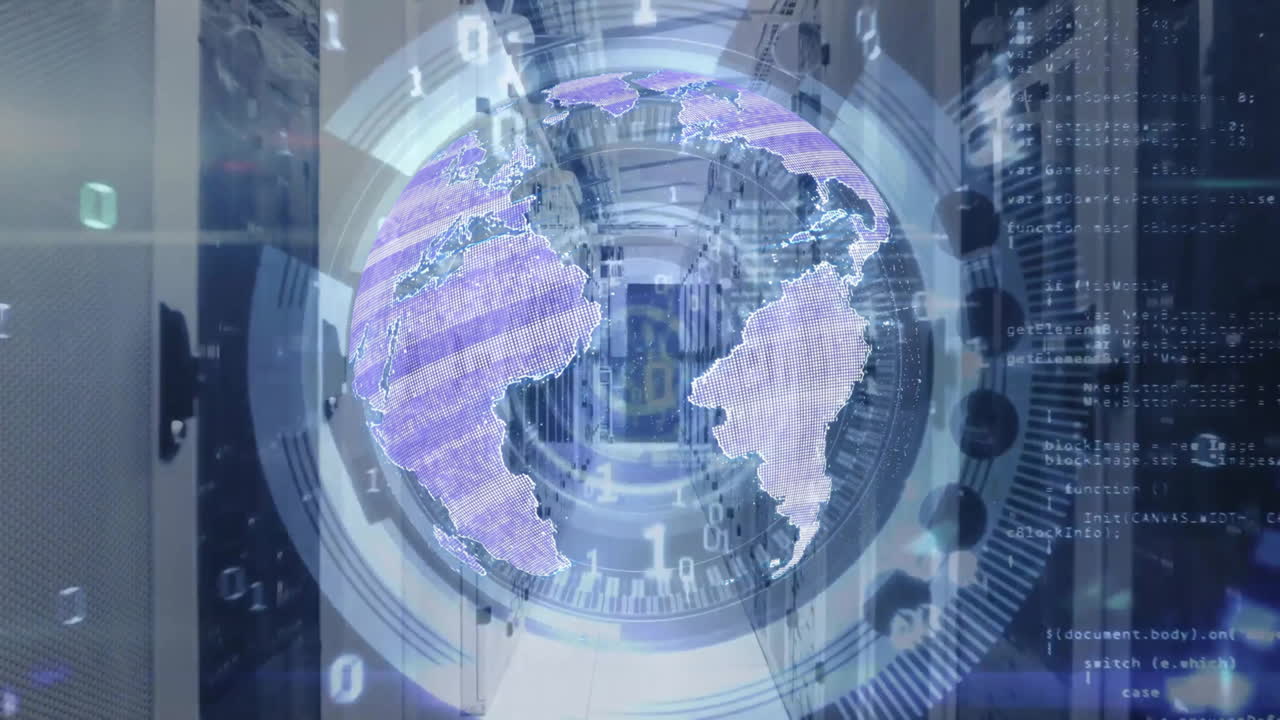 Animation of scope scanning and globe with data processing over computer servers