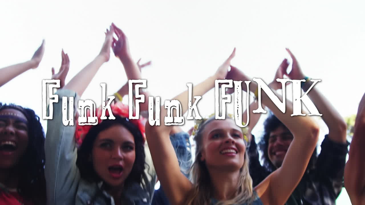 박수 치는 사람들과 점프하는 사람들에 대한  ⁇ 크 텍스트의 애니메이션