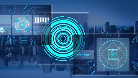 Animation-of-data-processing-with-scope-scanning-over-cityscape