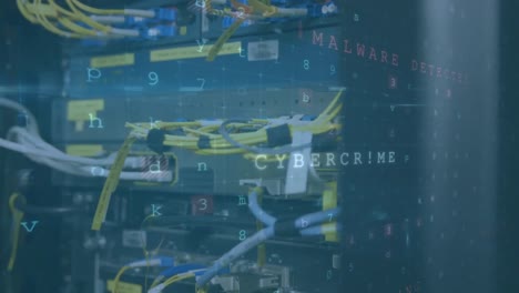 cavi di computer mainframe con dati in movimento e avvertimenti di sicurezza