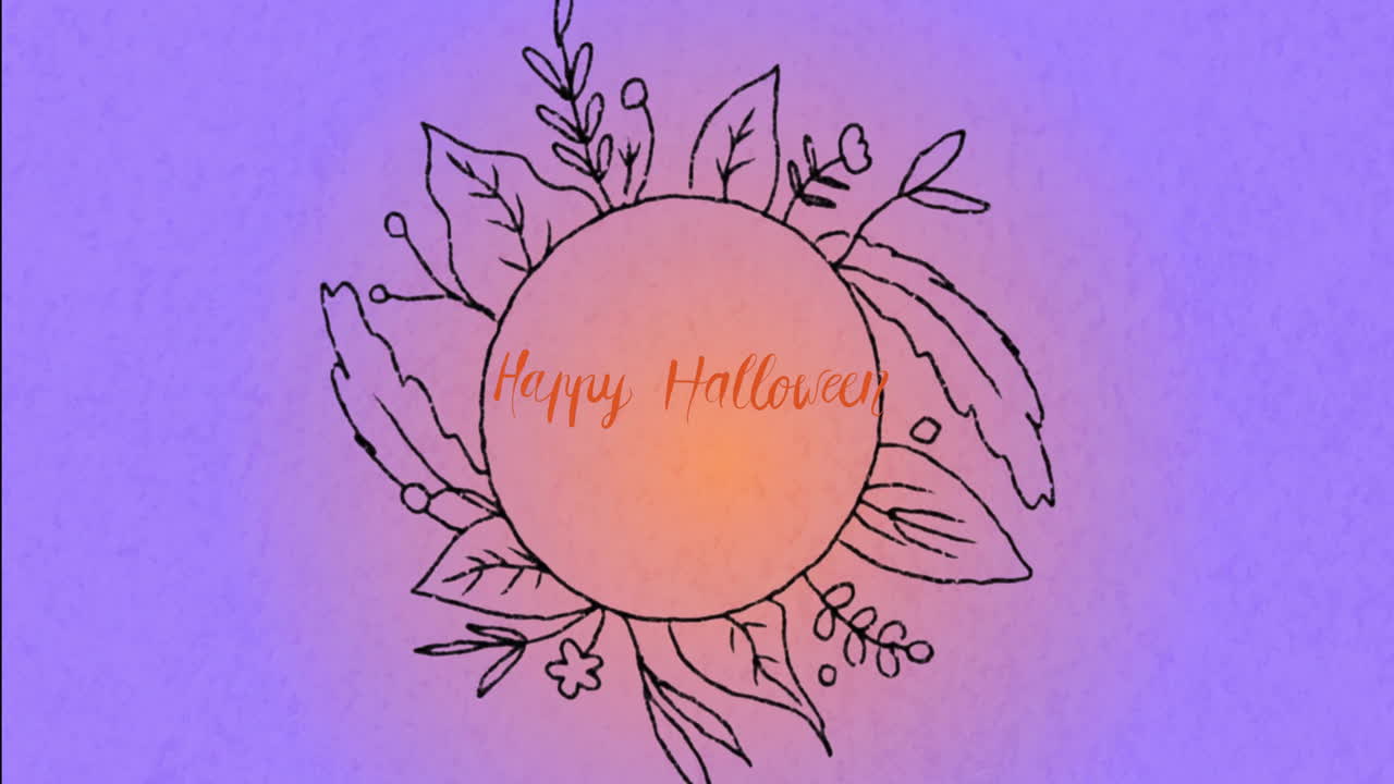 보라색과 오렌지색 배경에 꽃줄기 위에 행복한 할로윈 텍스트 애니메이션