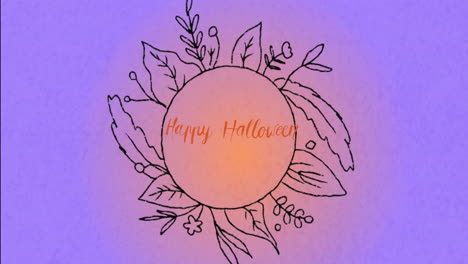 happy halloween text animation over floral wreath on purple and orange background