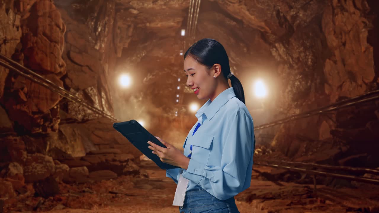 Side View Of Asian Female With Her Tablet In Underground Mine Tunnel, Checking On Her Tablet With Meditation