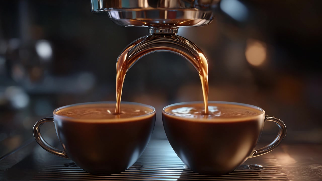 Perfekt brygget espresso: En barista's kunst at hælde to glatte kopper rig kaffe fra en espressomaskine af høj kvalitet.